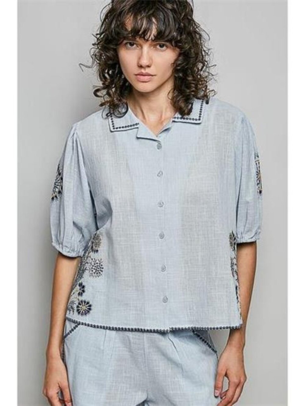 POL Button Down Embroidered Floral Short Sleeve Shirt